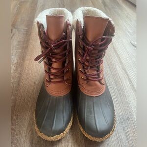 Brown and Black Duck Boots with Red Laces